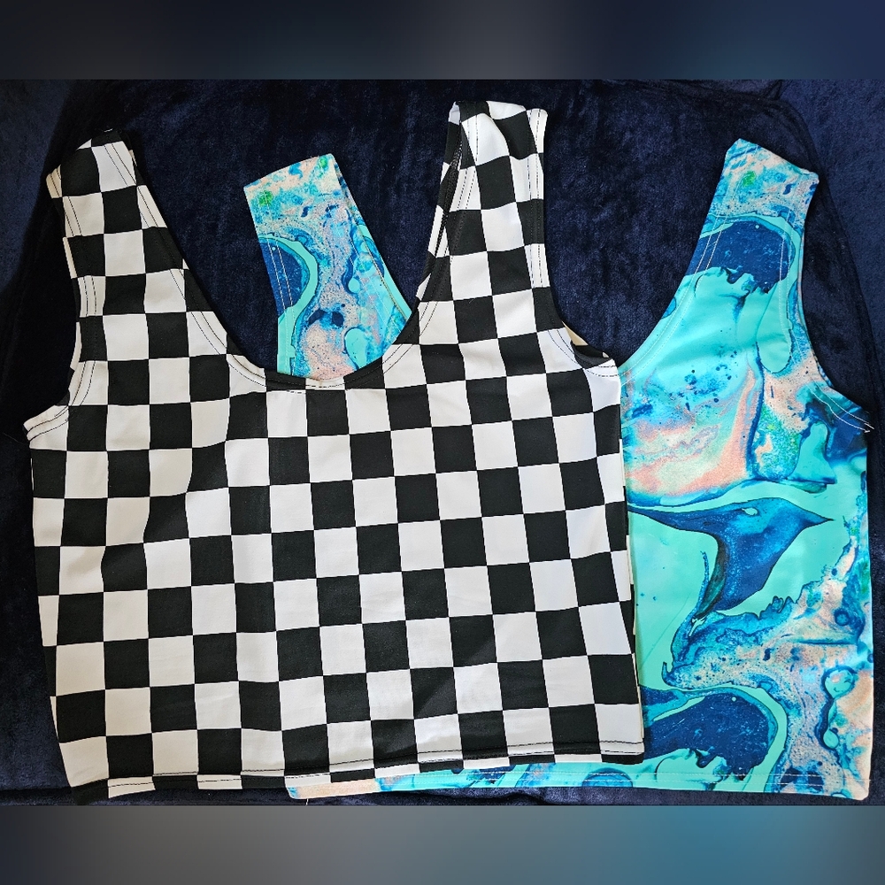 Coquerty Clothing Crop Tanks 2 Pack Checkers And Blue Marble
